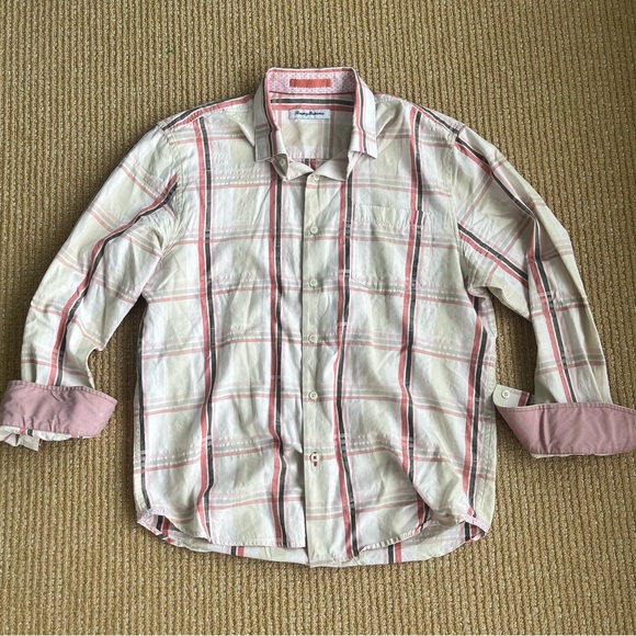 Tommy Bahama Shirt Hideaway Fronds Afterglow Silk Plaid SZ Medium Peach white - Picture 2 of 12